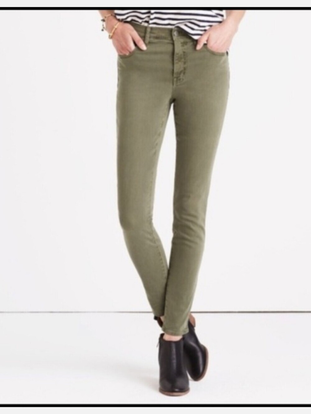 Madewell 9" High Rise Skinny Crop Button Fly Olive Green Jeans Size 28